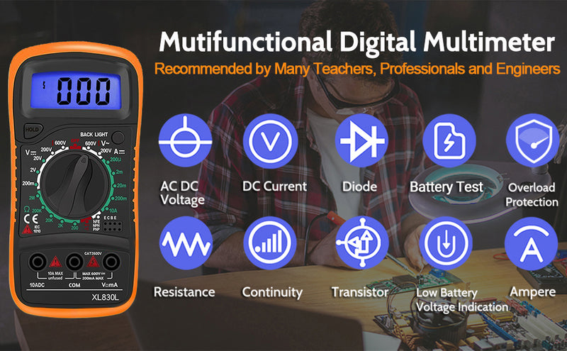 Digital Multimeter / Volt Meter - Power Adapter, Cable - Circuit Tester - XL830L