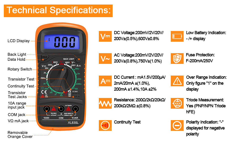 Digital Multimeter / Volt Meter - Power Adapter, Cable - Circuit Tester - XL830L