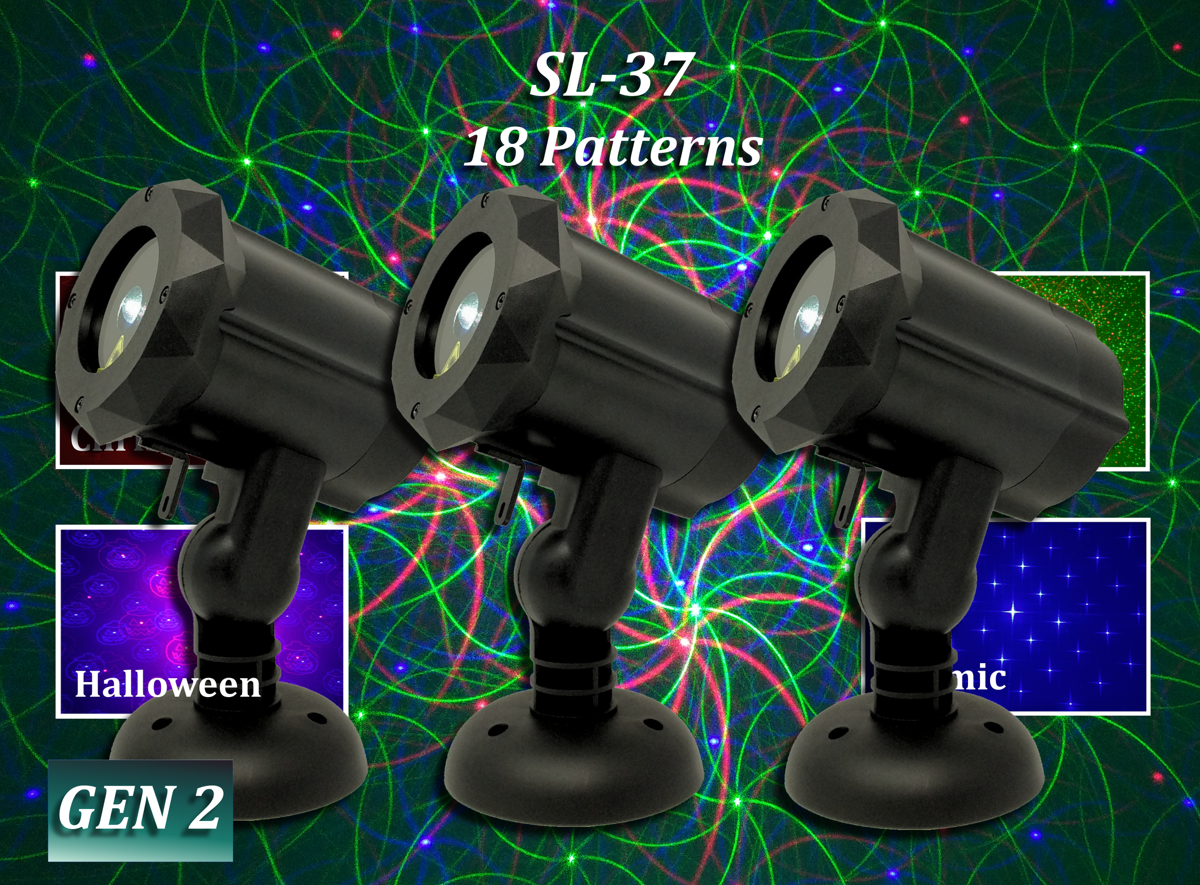 SL-37 - 3 PACK - RGB Moving 18 Pattern Laser Christmas Light -2nd GEN v2 - Spectrum Laser Lights