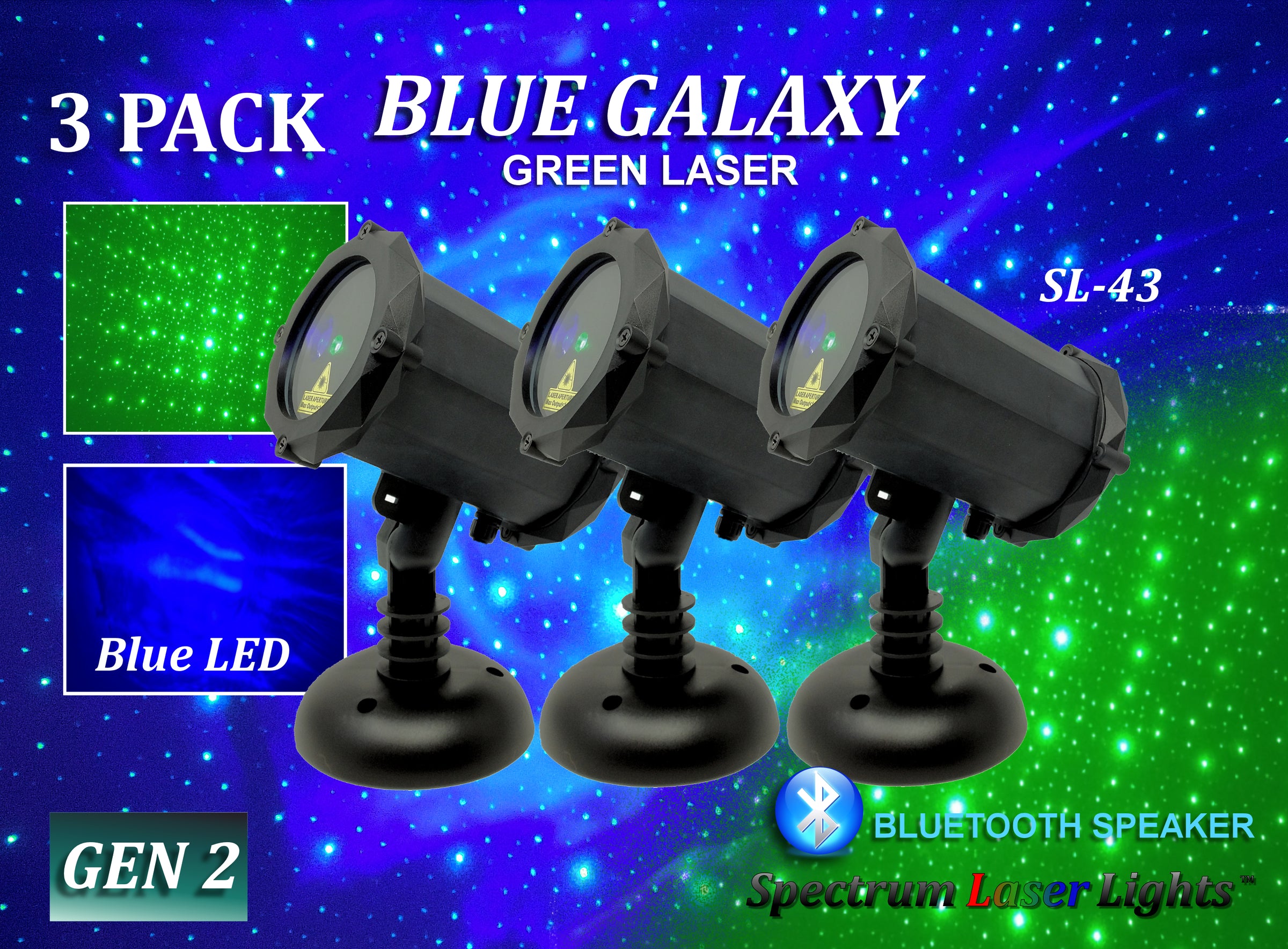 SL-43 - 3 Pack - Blue Galaxy | Green Laser Christmas Light with Bluetooth Speaker - 2nd GEN v2 - Spectrum Laser Lights